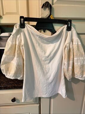 Free People Cream Off-Shoulder Top with Embroidered Puff Sleeves in Ivory